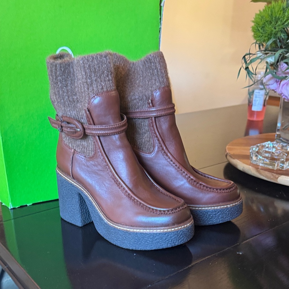 Sam Edelman Brown Leather Heeled Boots with Knit Cuff